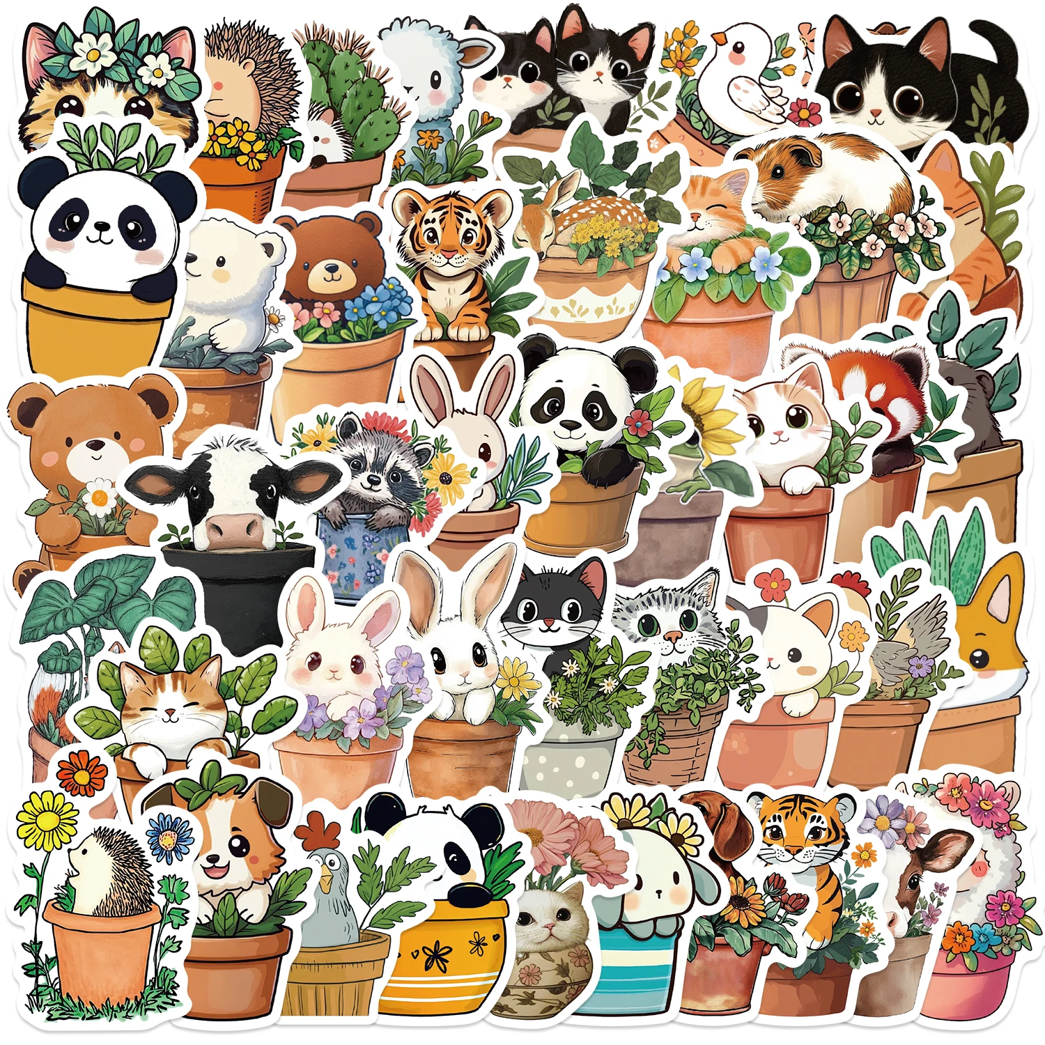 50PCS Potted Animals Panda Cat Tiger Stickers Aesthetic DIY Luggage Guitar Notebook Graffiti Decoration Sticker Toy