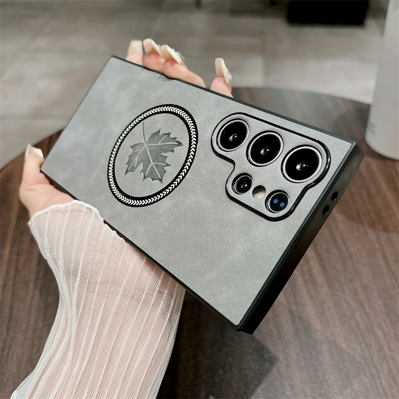غطاء جلد فاخر غير لامع لهاتف sammagsafe ، حافظة شحن لاسلكية ، نمط أوراق القيقب ، S21 ، S23 FE ، S22 ، S24 Ultra Plus ، Note 20