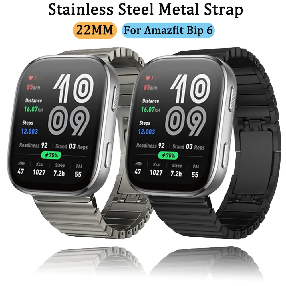 Bracelet métallique en acier inoxydable, 22mm, pour Amazfit Bip 6 5 5 Unity/GTR 2 3 4, pour Amazfit Stratos/équilibre/cheetah, rond