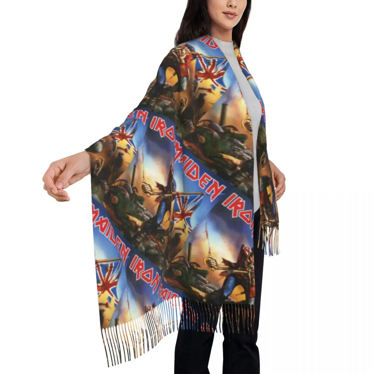 Custom British Heavy Metal Rock Iron Maidens Tassel Scarf Women Soft Shawls Wraps Lady Winter Fall Scarves