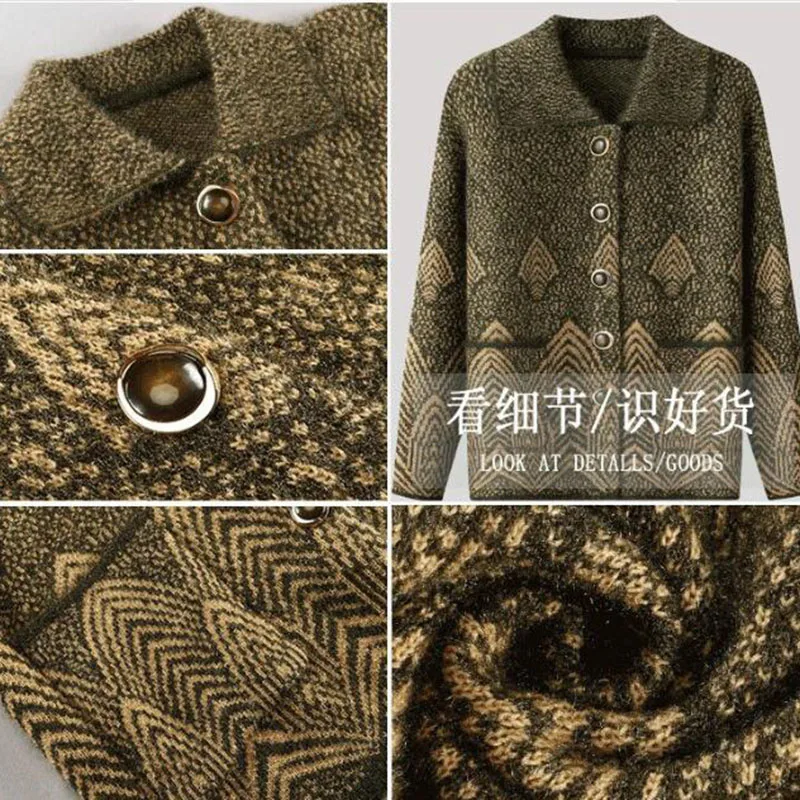 

New Autumn Winter Women's Sweater Cardigan Coat New Printed Single Breasted Long Sleeve Knitted Sweater Middle Aged Female Tops