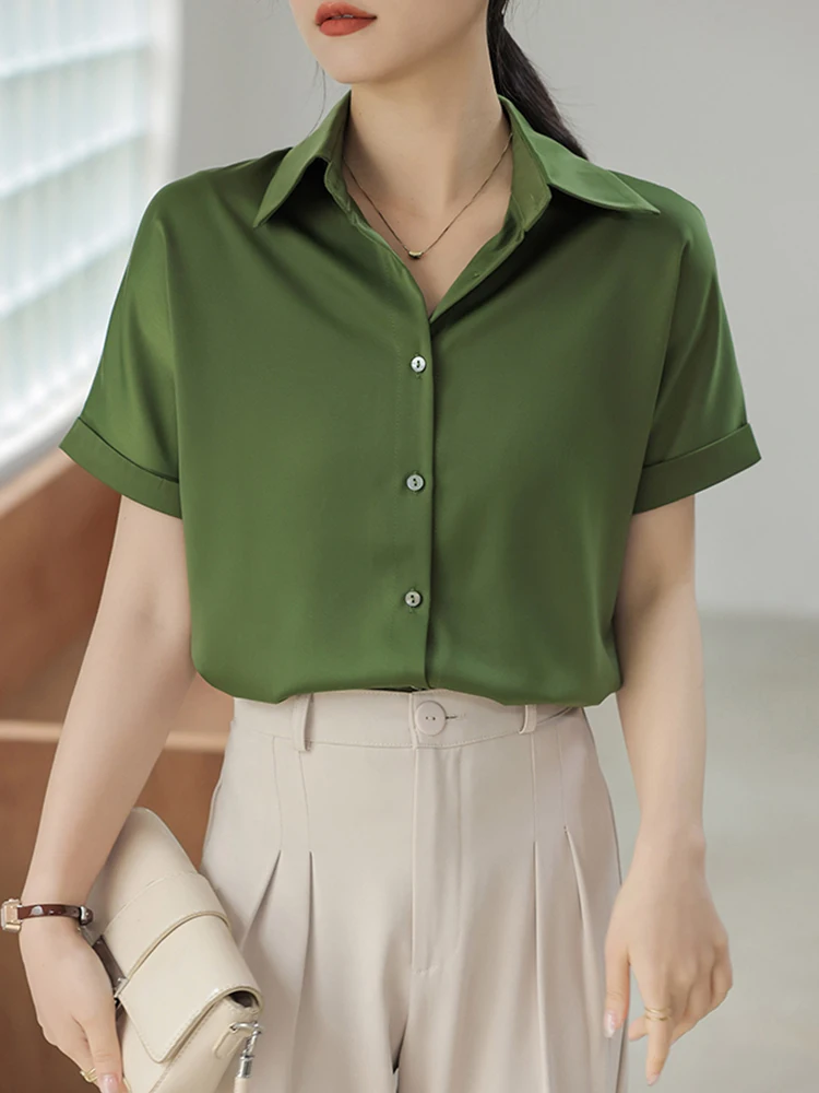 Summer Satin Silky Green Shirts Women Short Sleeve Blouse Shirts Elegant Tops Blusas Femme Office Lady Blouses for Women