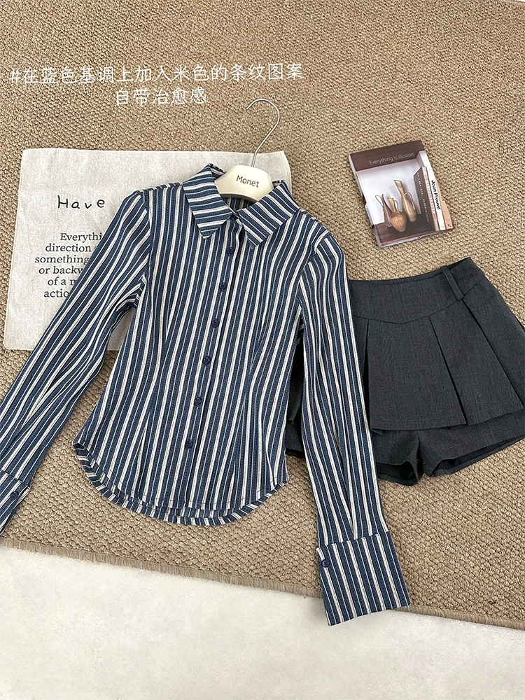 Camicie monopetto a righe Vintage da donna camicette Slim a maniche lunghe classic Old Money Office Lady Gyaru coreano Maillard nuovo