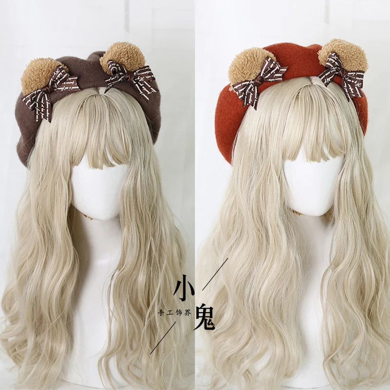 Lolita Bear ear Beret Cute Japanese handmade accessories cute Harajuku bow hat