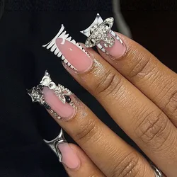 24 stuks mode eendnagels druk op Y2K Franse zwarte nepnagels tips vierkante kop draagbare manicure volledige dekking valse nagel voor vrouwen