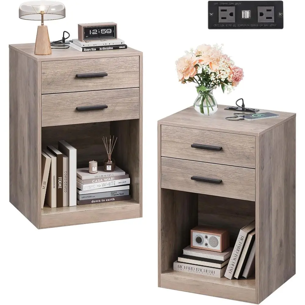 

Dual Charging Station Nightstand Set with Wooden Drawers and Open Shelves, Suitable for Living Room and Bedroom, Modern Greige S