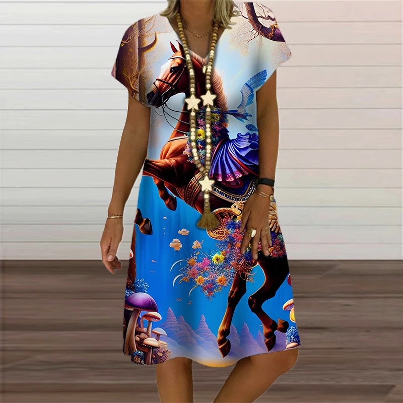 Animal Horse 3D Printed Ladies Dress Harajuku Summer Fashion Loose Hot Sale Women V-Neck Short Sleeve Casual Oversized Clothing