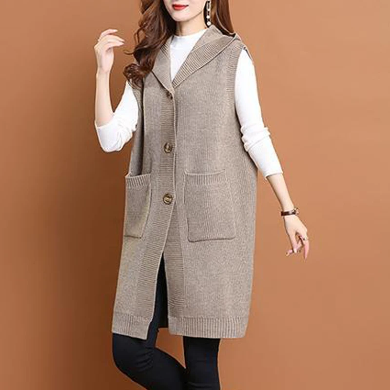 New Women Clothing Korean Fashion Oversize Hooded Sweater Vest Elegant Sleeveless Pockets Button Knitted Cardigan Long Waistcoat