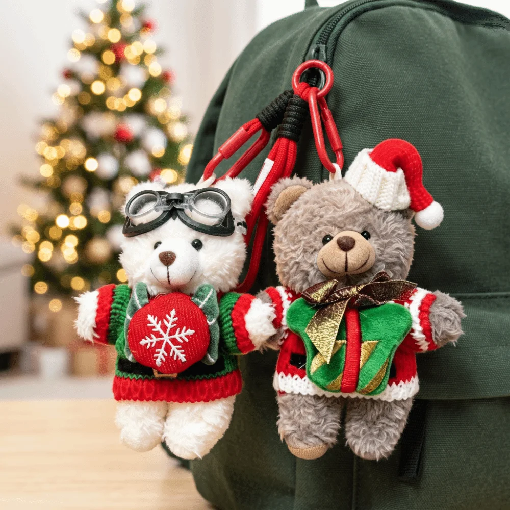 Holiday Clothes Goggles Bear Keychain Soft Stuffed Animal Christmas Pendant Trendy Design Durable Hardware Xmas Bag Charm