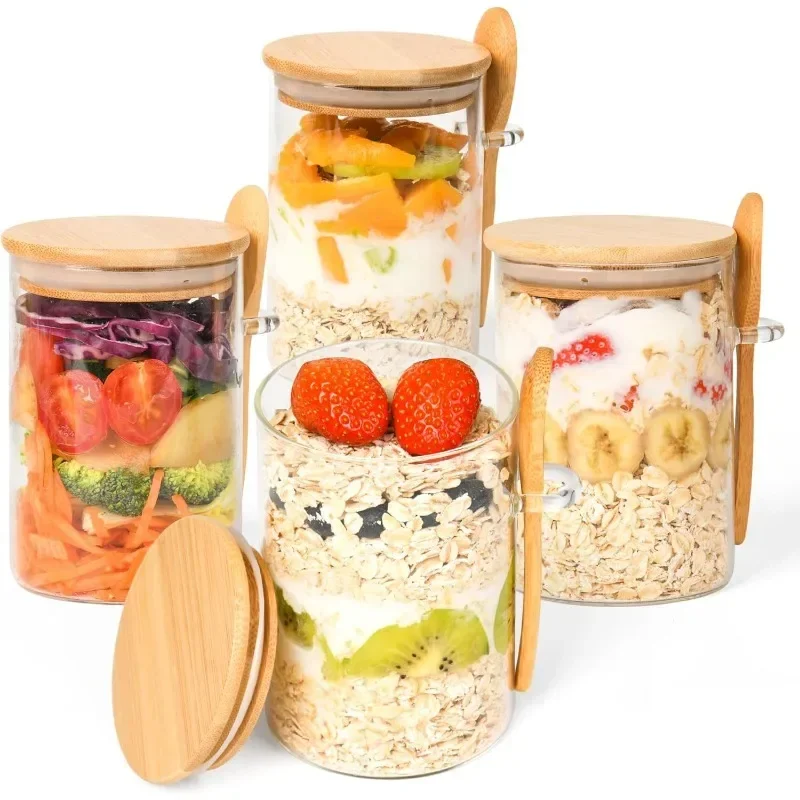 

Overnight Oats Containers with Lids-4 Pack 18oz Overnight Oats Jars with Spoons-Glass Jar with Bamboo Lids