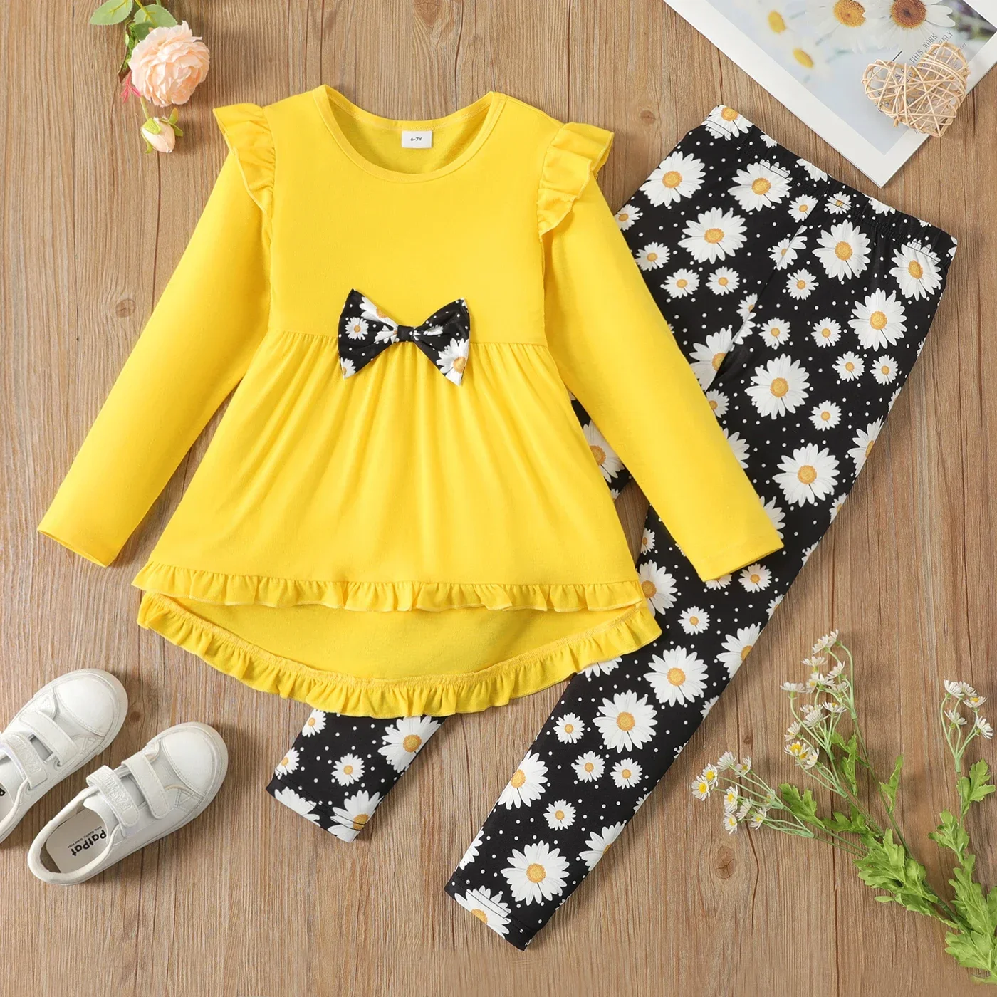 PatPat 2pcs Kid Girl Ruffled Bowknot Design High Low Long-sleeve Tee and Floral Print Leggings Set Daily Wear Basic Style