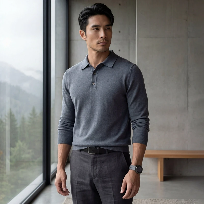 100% pure cashmere men's pullover business casual 18 needle knit spun sweater POLO collar Tops loose Jumper high-quality luxury
