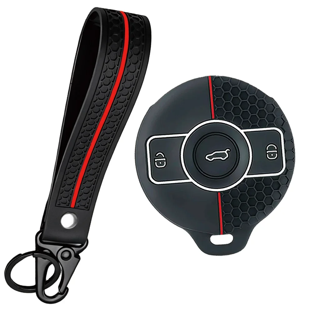 Grooved Honey Red Vertical Stripe Cover With Keychain For SMART Forfour W453 Fortwo BRABUS Shock-absorbent Round Car Key Shell
