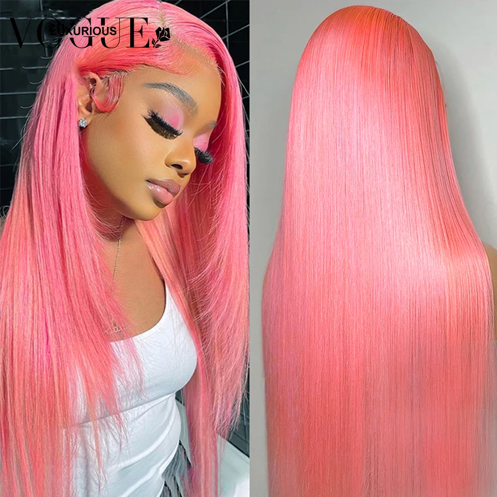 Wig Frontal renda rambut manusia Remy lurus berwarna Pink terang 13x4 Wig depan renda transparan untuk wanita