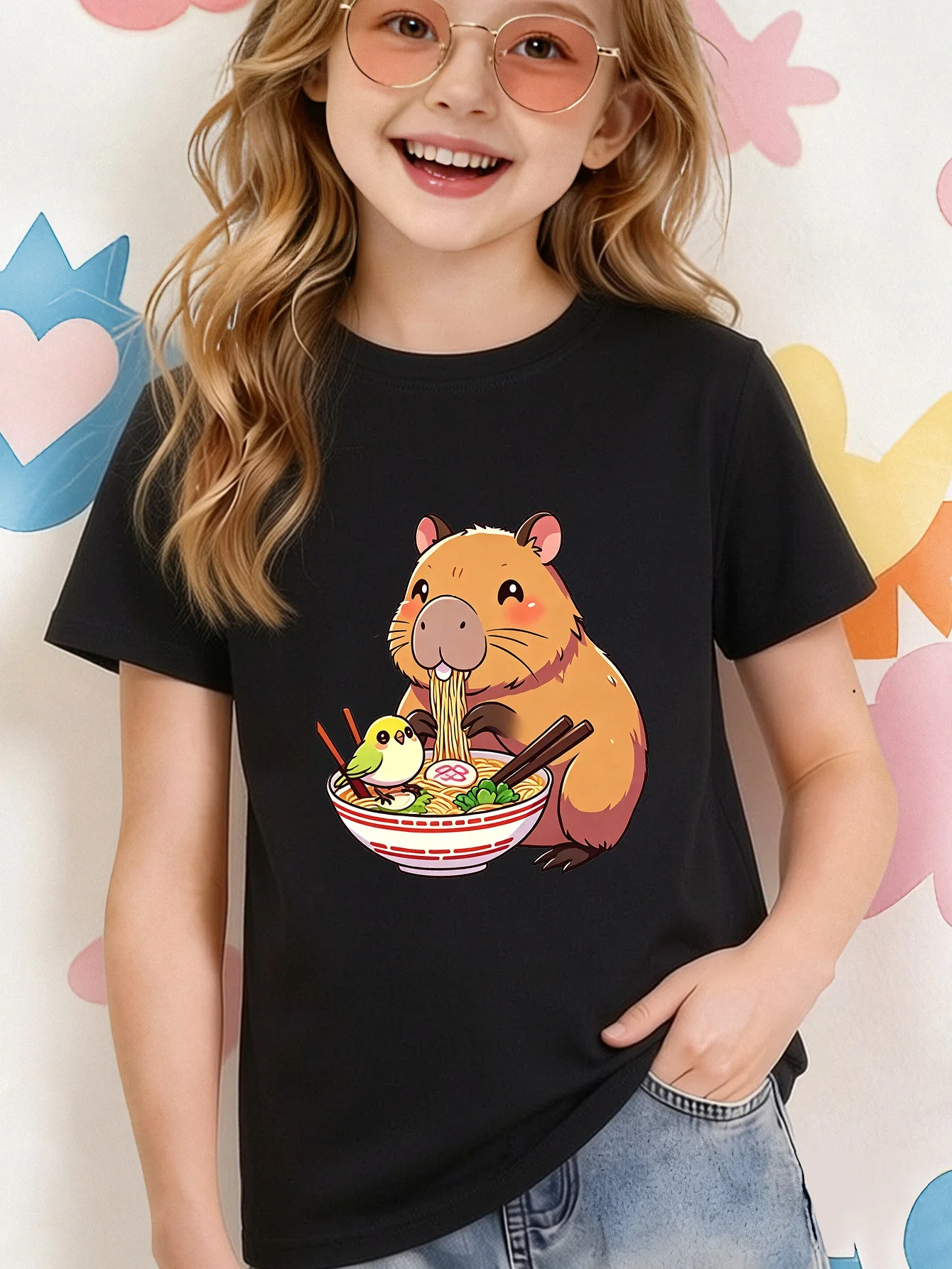 Cute Capybara Eating Ramen With Little Bird Print Family Matching T Shirt Boys Girls Soft Summer Short Sleeve Daily Casual Tees