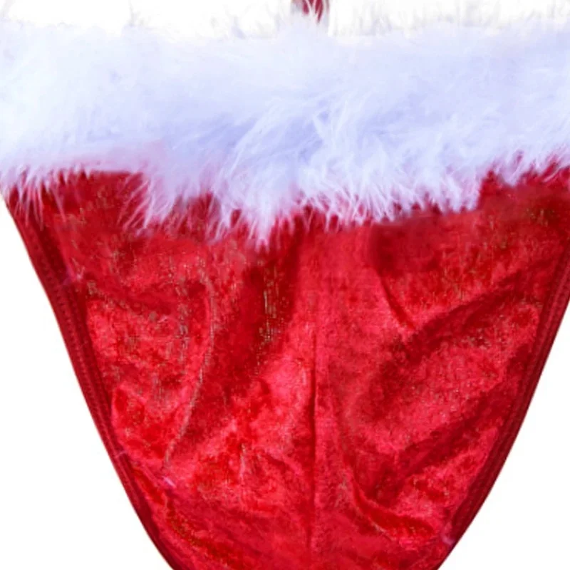 Men Thong G String Christmas Costume Fluff U Convex Pouch Underwear Santa Claus T-back Red Low Rise Underpants