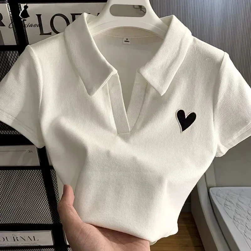 

Loves Embroidery T-shirt Polo Collar Orthoshoulder Slim Hotsweet Women's Crop Top Korean Fashion Hottie Simple Casual Wholesale