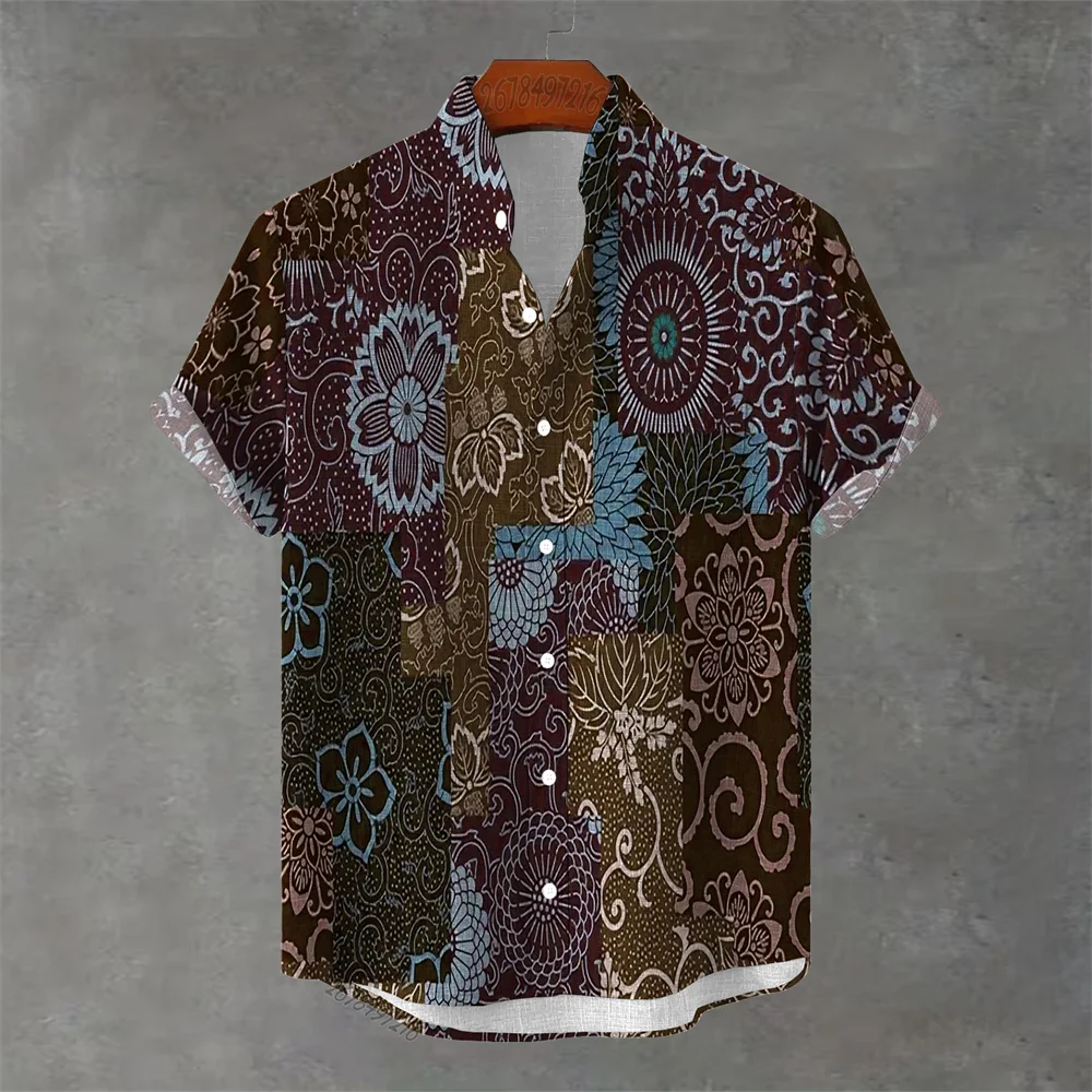 2026 Summer New Men's Short-Sleeve Shirt, Retro Japanese Patchwork Print, Hawaiian Stand Collar, Casual Loose-Fitting Top