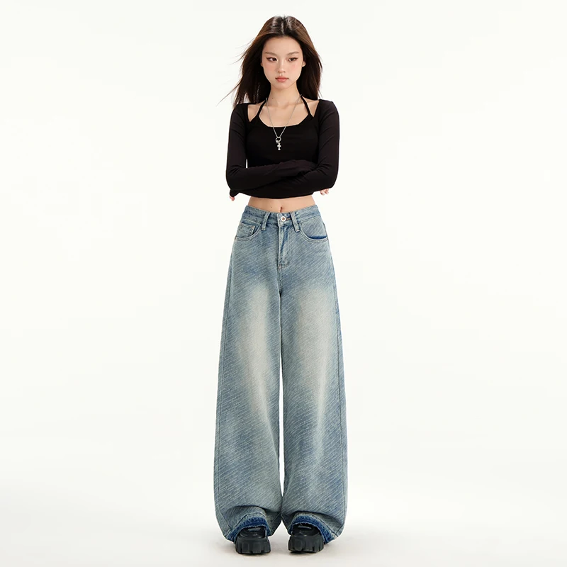 

Американские ретро-джинсы с жаккардовым узором, свободного прямого кроя, с широкими штанинами, для женщин.