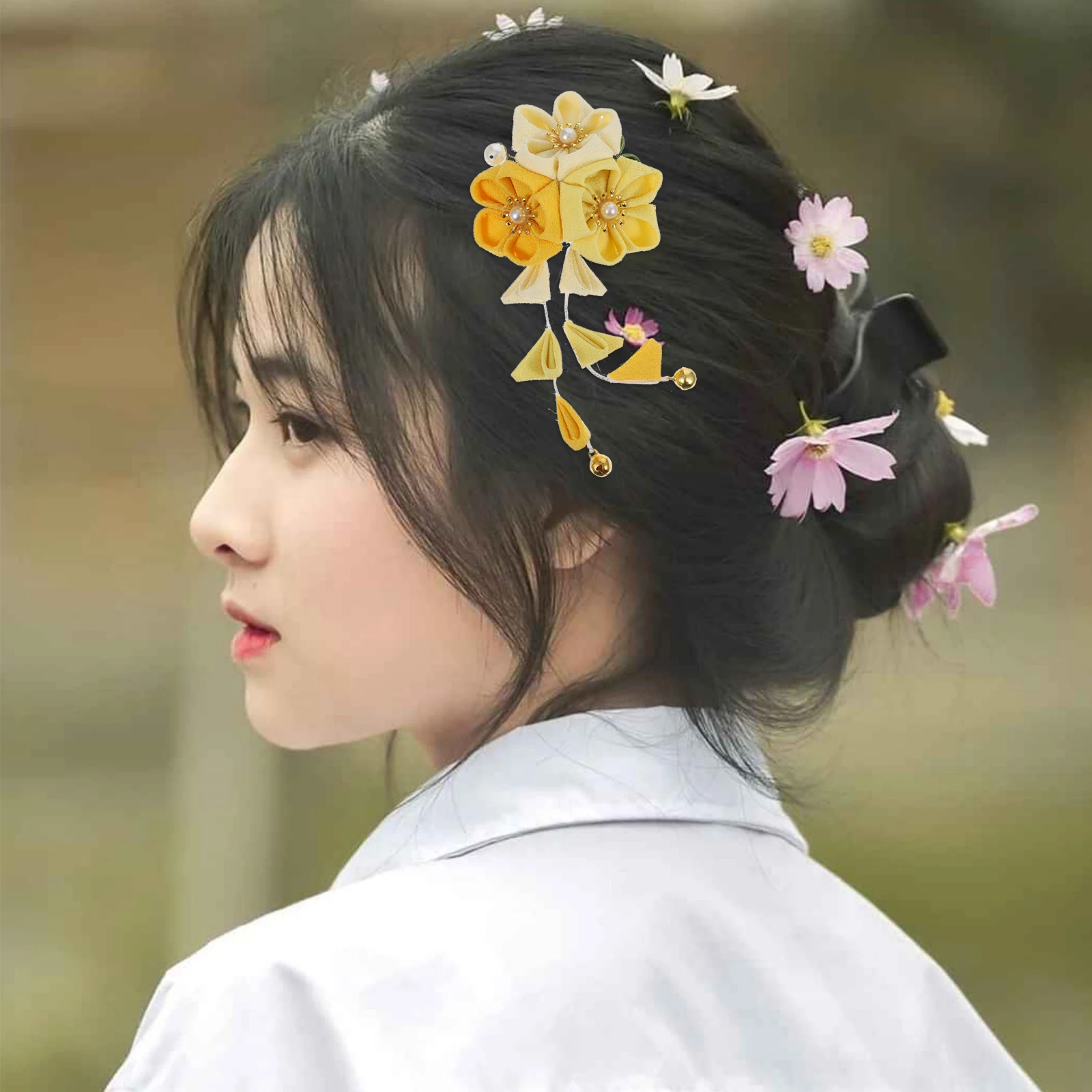 

Chinese Style Bride Kimono Hanfu Accessory Yellow Cloth Flower Tassel Headdress Exquisite Hair Decor Traditional nament
