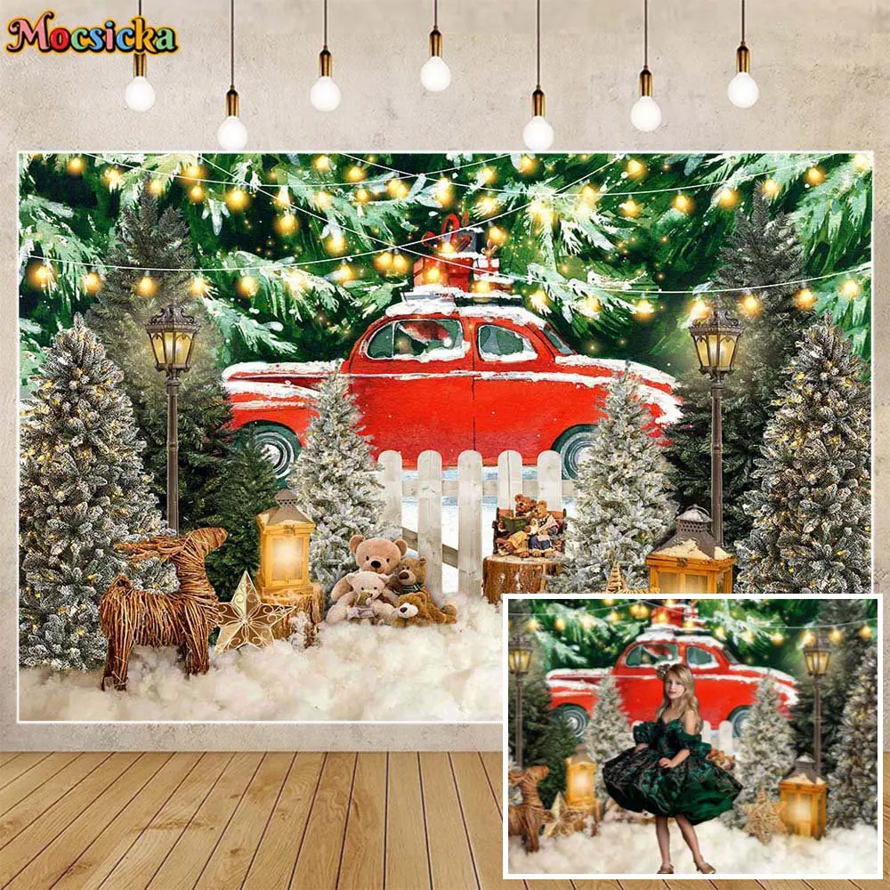 

Mocsicka Winter and Christmas Background Red Car Snow Forest Xmas Tree Toy Baby Children Portrait Photo Backdrop Photocall Props