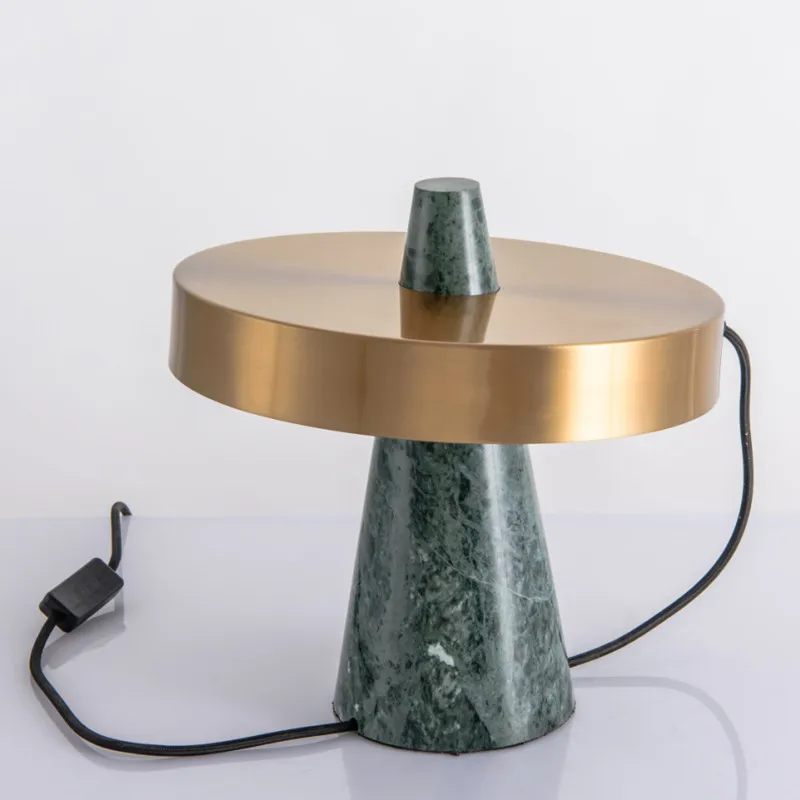 Nordic Green Conical Base Table Lamp with Round Brushed Golden Metal Shade and Button Switch Plugin Type