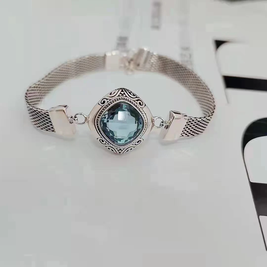 

1Pcs/Lot Blue Crystal Bracelet 925 Sterling Silver Ladies Jewelry New Exquisite Fashion Designer Style Gift