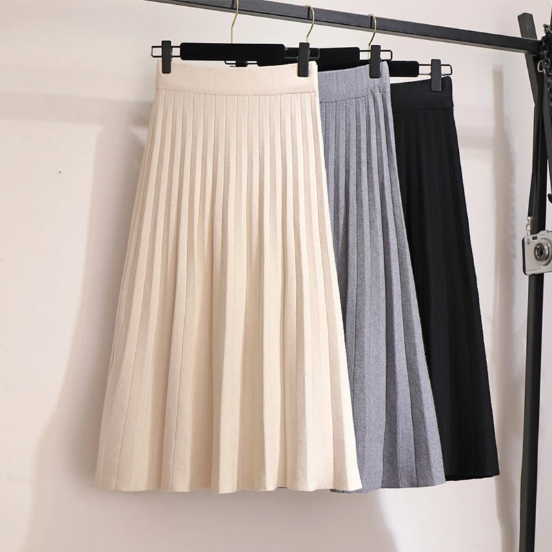 

Elegant Midi Pleated Knitted Skirt Women 2024 Autumn Winter Korean Knee Length a line High Waist Skirt Female Ladies Z558