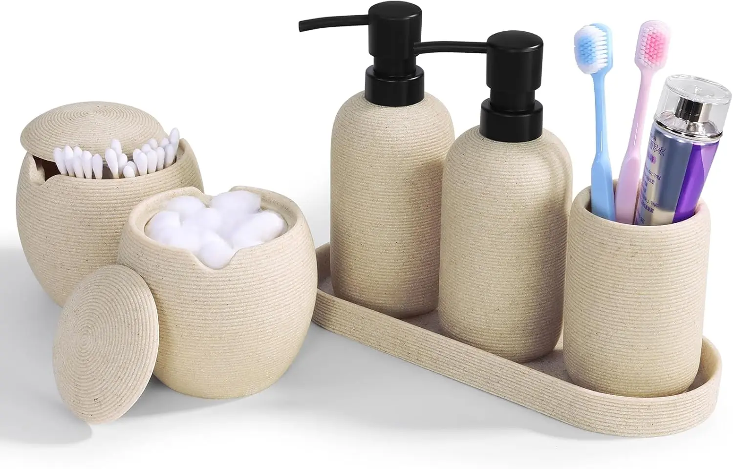 

6-Piece Bathroom Accessories Set - Resin Bathroom Set, Lotion Dispenser, Tumbler, Vanity Tray, Cotton Swab Jars with Lids, Bathr
