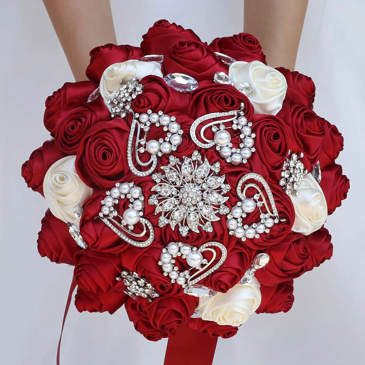 

Wine Red Ivory Artificial Flower Romantic Bouquet For Bride and Bridesmaids Rhinestone Pearl Accessories Wedding Bridal Bouquet