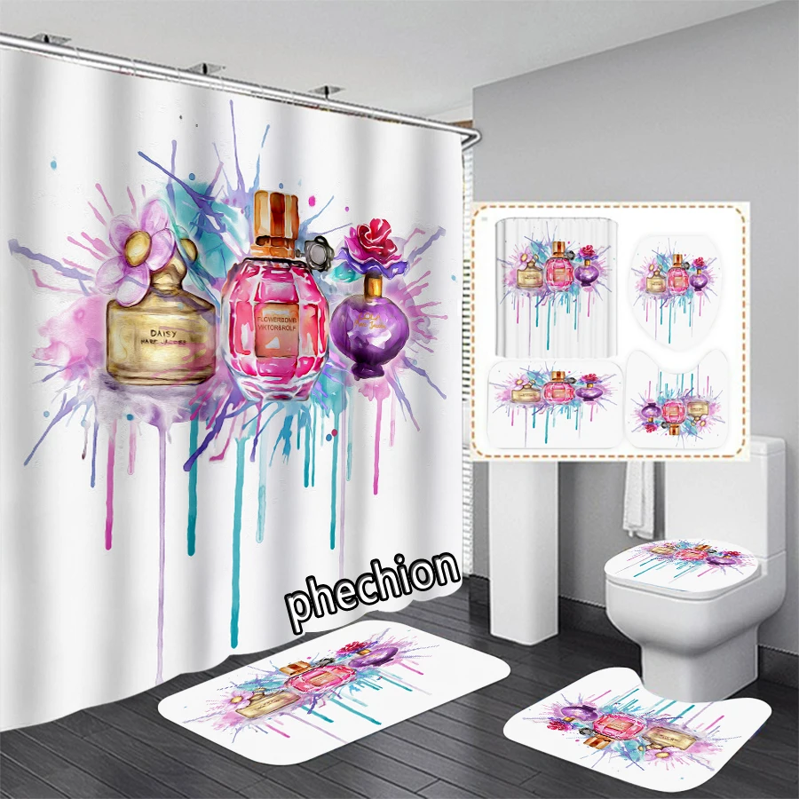 Cosmetics Perfume and Flower 3D Print Shower Curtain Waterproof Bathroom Curtain Anti-slip Bath Mat Set Toilet Rugs X22