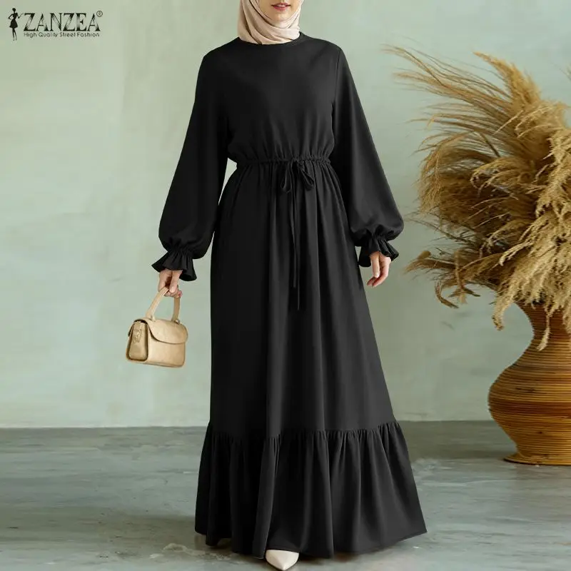 ZANZEA Eid Abito Elegante Abaya Musulmano Abito Elegante Donna Manica Lunga Orlo Increspato Vestito Estivo Del Partito Solido Abito Da Lavoro Caftano Ramadan