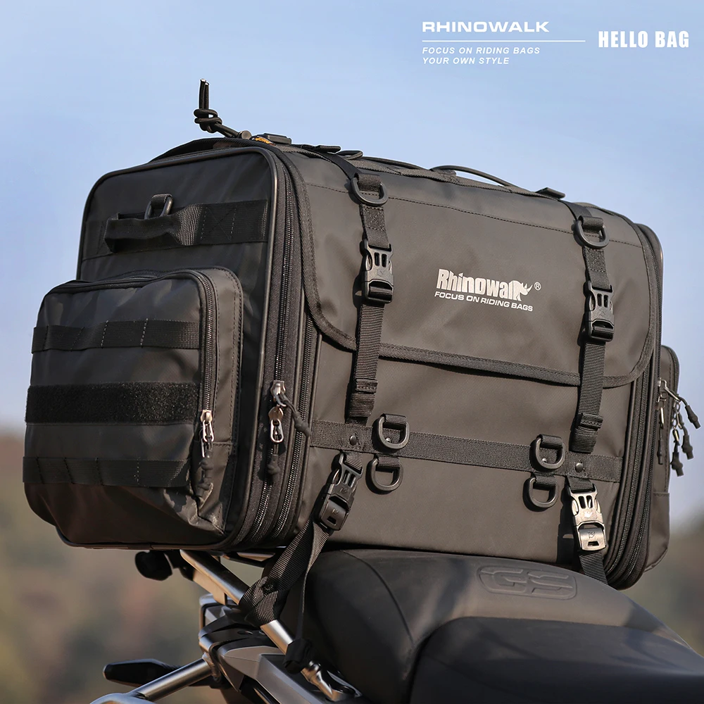 Rhinowalk Motorcycle Rear Tail Bag Waterproof 19L-80L Expandable Big Capacity Motor Travel Back Luggage Trunk Universal Fit Moto