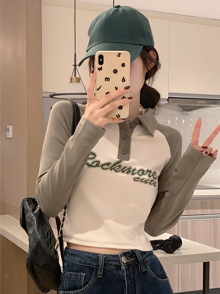Niche Women's American Polo Collar Long Sleeve T-Shirt Autumn Winter Sexy Fitted Short Top with Modern Aesthetics​