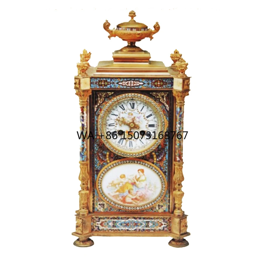 Gilt Floral Blue Cloisonne Enamel Brass Pillar Case & Dial Top Roman NO. Lower Porcelain Figure Painting Chapters Desk Clock