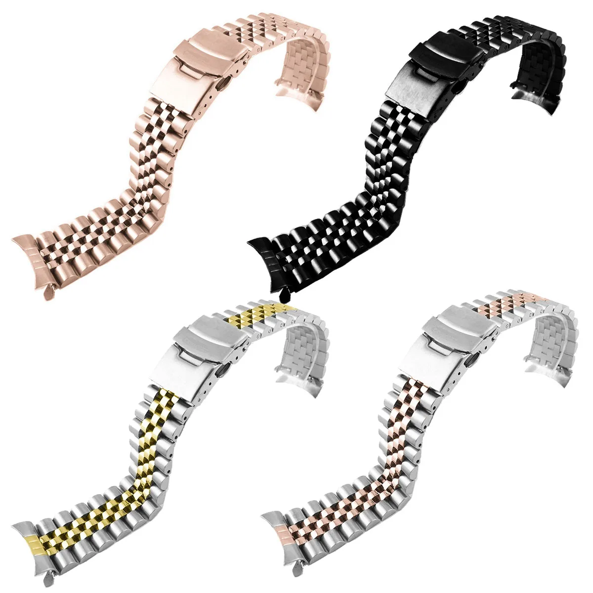 Boucle de sécurité extrémité incurvée Bracelet en métal 18 19 20 21 22mm 23 24mm 26 28 30mm Bracelet de montre femmes hommes Bracelet en acier inoxydable solide