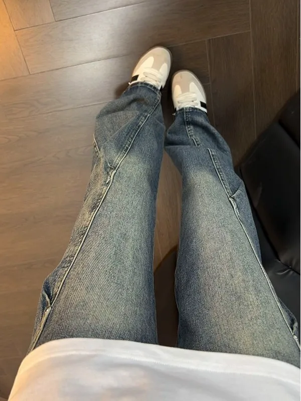 

American Retro Blue Rivet Jeans Men Loose Large Size Slant Cut Knife Pants Spring Leg Lengthening Straight Micro Flared Pants