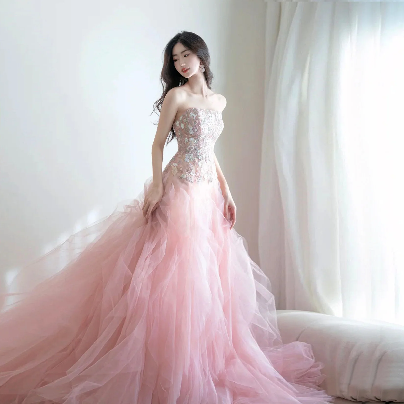 Romantic Pink Evening Dress Elegant Printed Floral Strapless Slim Bridal Dresses Princess Cake Dress Prom Gown Quinceanera