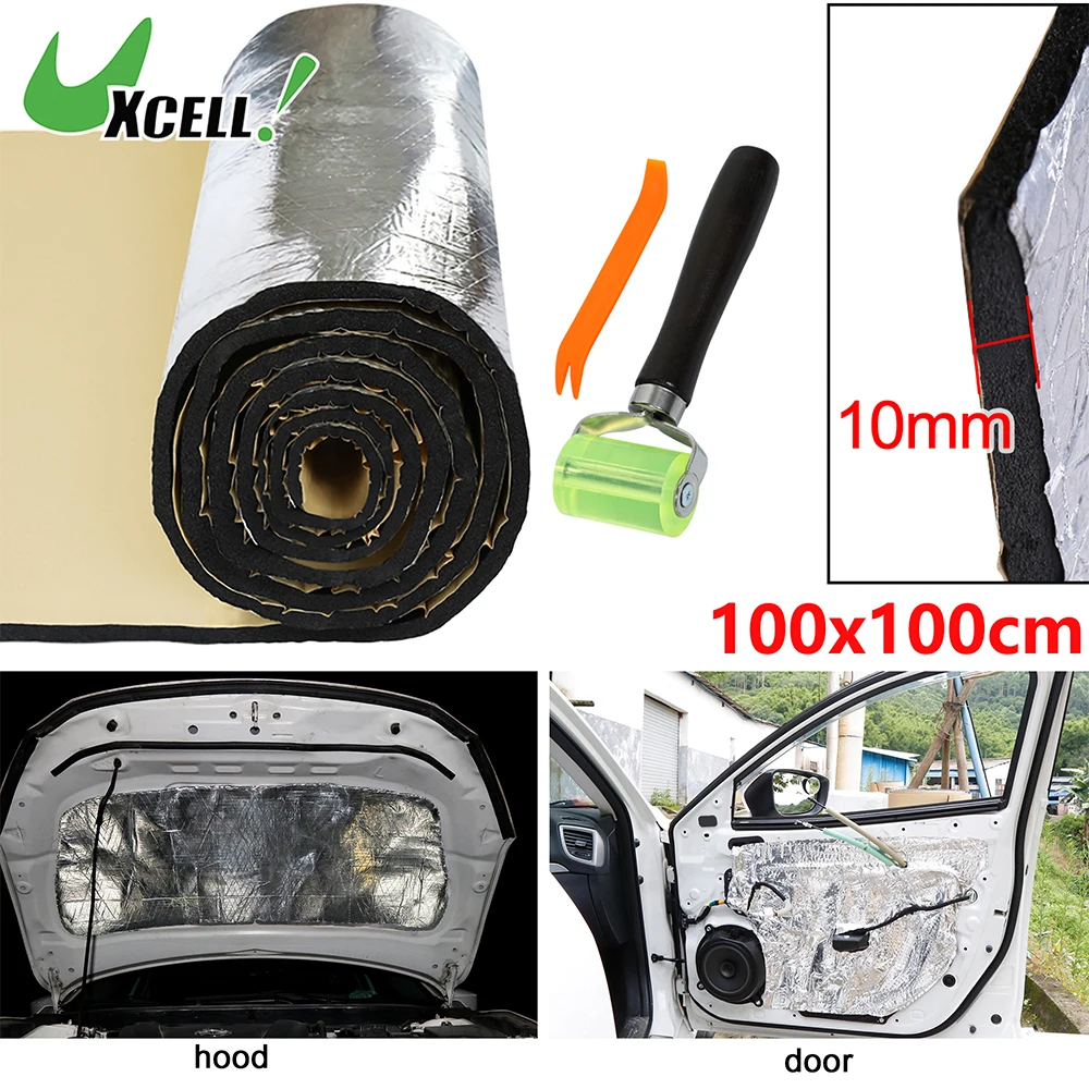 Uxcell 100x100cm Car Sound Deadener Mat 10mm Aluminium Coating Self-adhesive Heat Engine Hood Insulation With Roller Push Tool