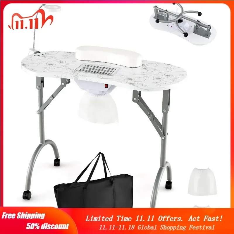 Portable Nail Table, Foldable Nail Technician Desk w/Electric Dust Collector, Bendable LED Lamp, Removable Armrest Pad