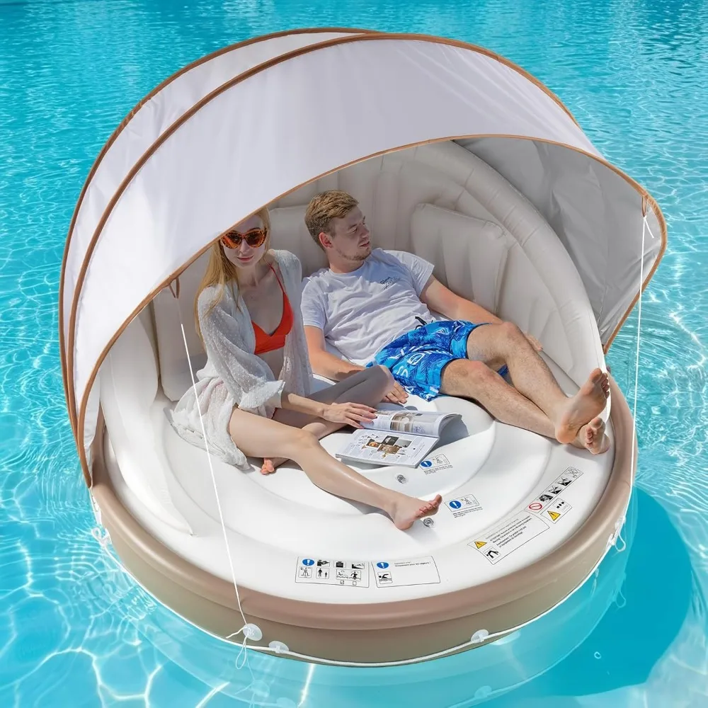 Moccha Inflatable Island with Canopy - 440 lbs Party Floats with SPF50+ Retractable Detachable Sunshade & 3 Pillows, 2-3 Person