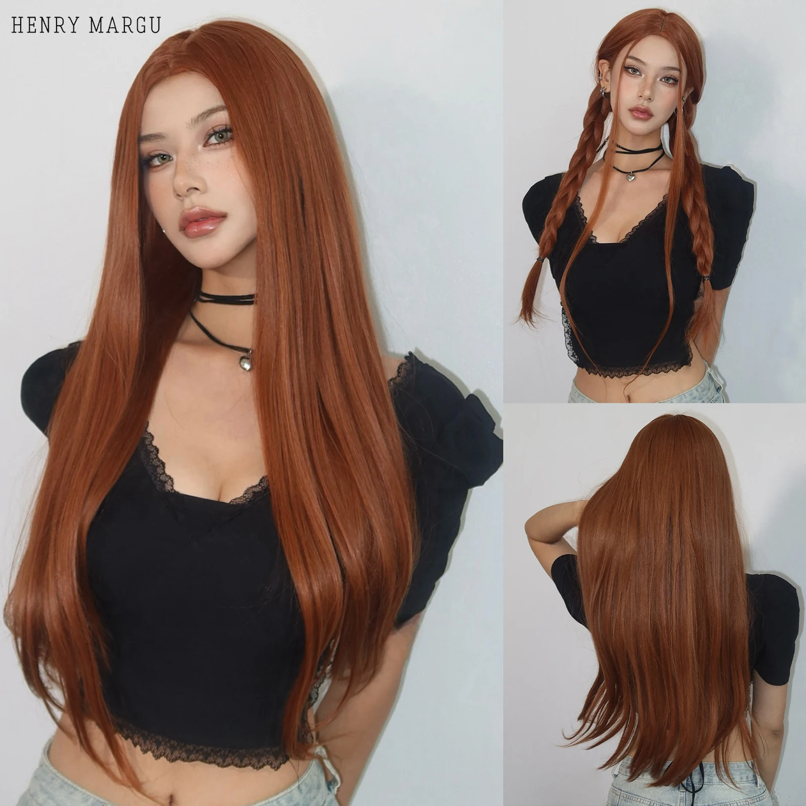 Red Brown Ginger Copper Synthetic Wigs Long Straight Wig For Women Daily Party Cosplay Natural Middle Part Wig High Temperature