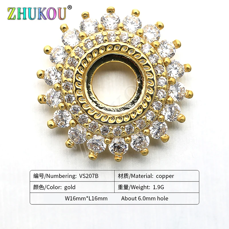 16mm/ 19mm Handmade Brass Cubic Zirconia Round Shape Charms Connector for Diy Jewelry Findings, Hole: 6mm, Model: VS207