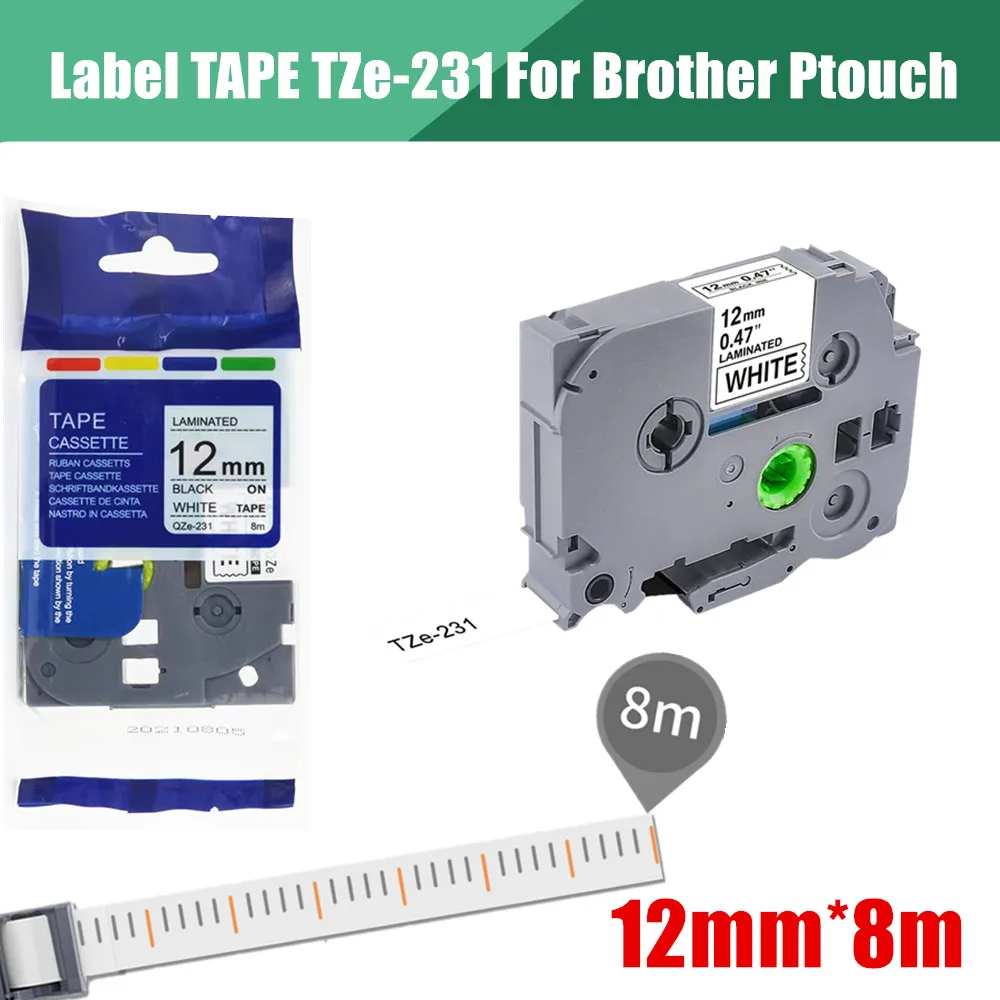 10 ~ 20PK ลามิเนต Label Maker สำหรับเทป Brother TZE231 TZe-231 TZE 231สีขาวใช้งานร่วมกับ P-Touch D210 PTD200 PT-1880, 12มม.* * * * * * * 8M