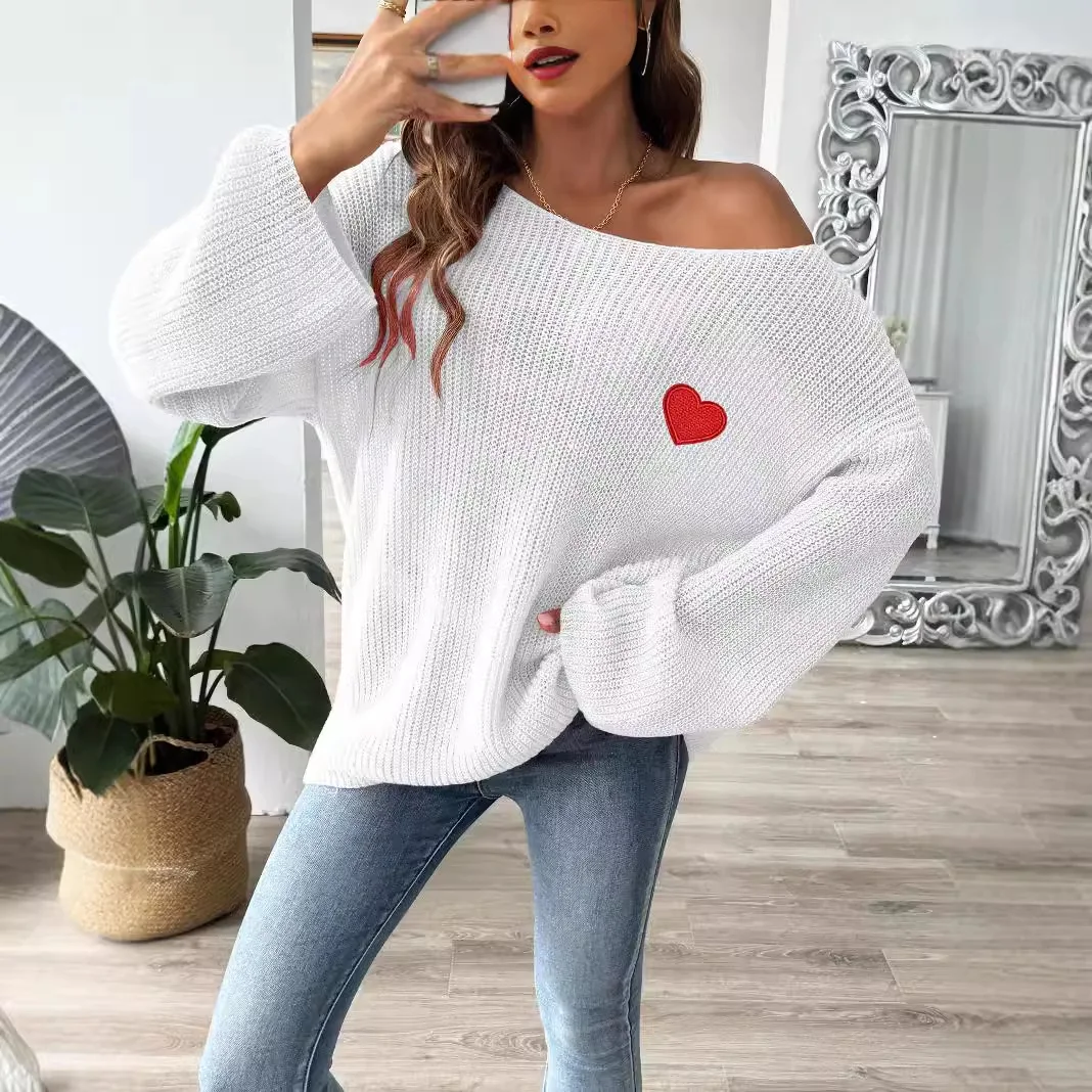 Women's Sweater Single Collar Off Shoulder Flared Sleeves Embroidered Heart-shaped Pullover M