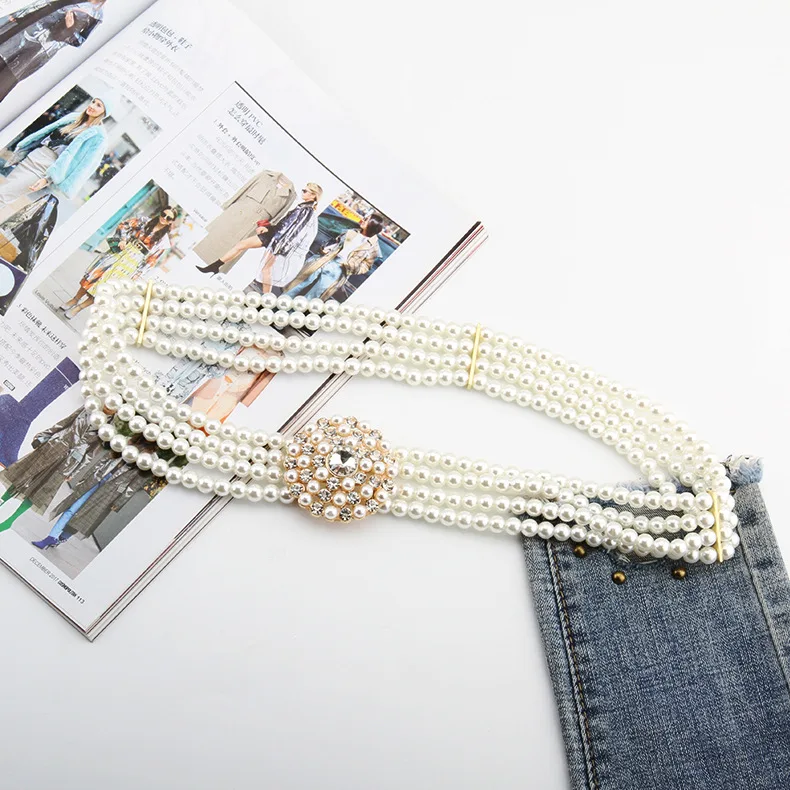 

Ladies Dress Decoration Korean Fashion Versatile Four Rows High Quality Pearl Elastic Elastic Flash Diamond Belt Waist Chain