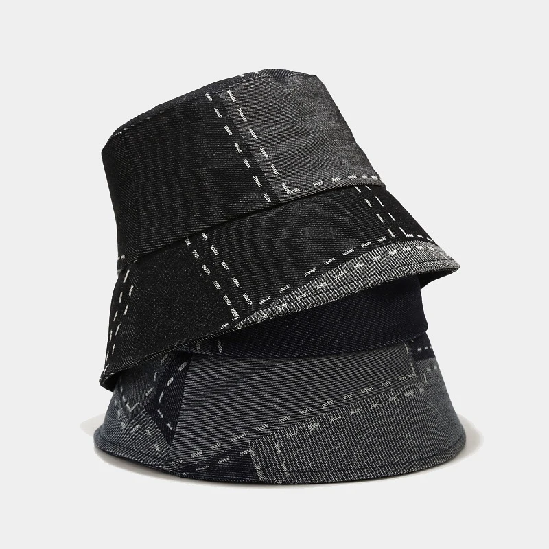 Patchwork Denim Bucket Hat Stitched Design Casual Retro Sun Cap