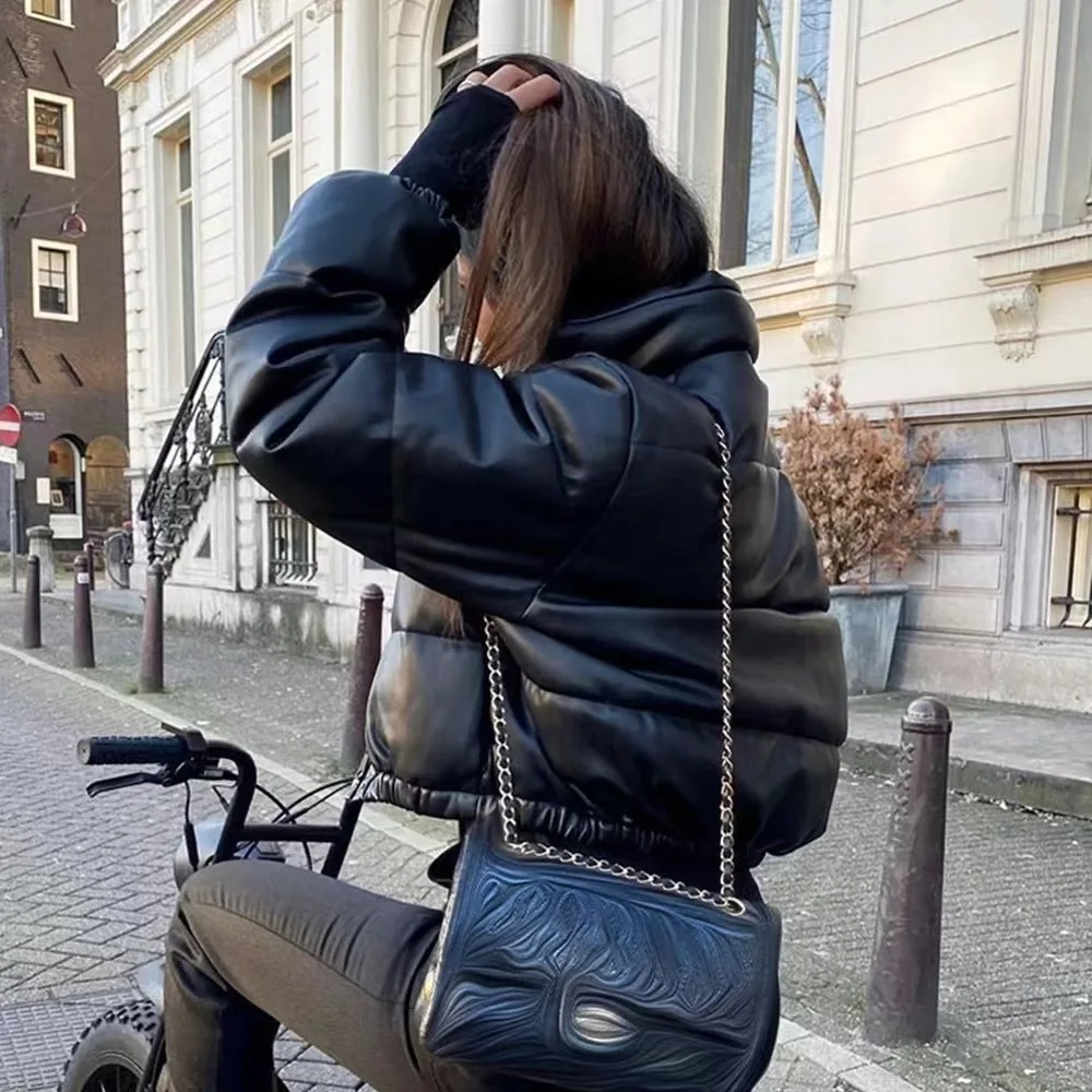 2025 الشتاء المرأة بولي Leather سترة جلدية قصيرة الوقوف طوق الخبز نمط القطن مبطن دراجة نارية كول فتاة ملابس خارجية غير رسمية #3