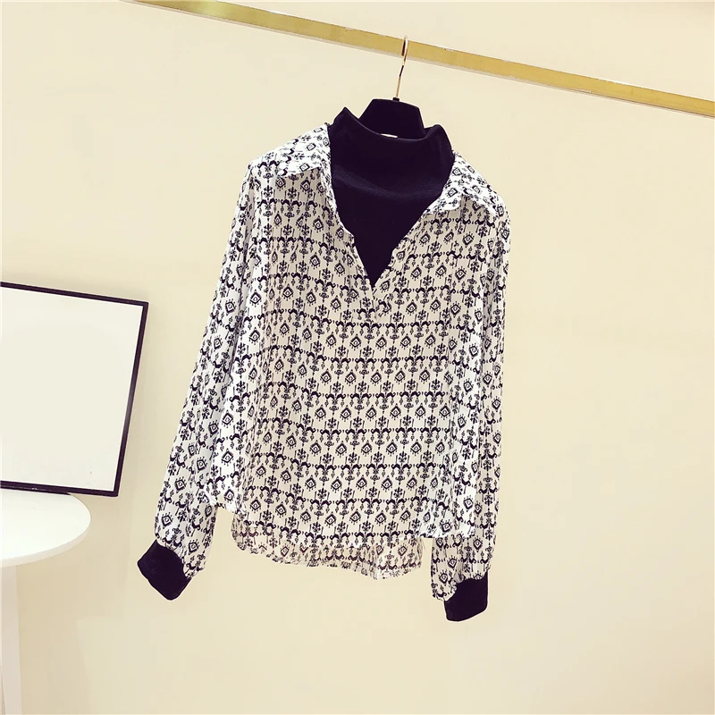 Women's Black Long-Sleeved Chiffon Blouse, False 2 Pieces, Slim, Office Lady, Elegant, All Match, Female Pulls, Outwear Tops