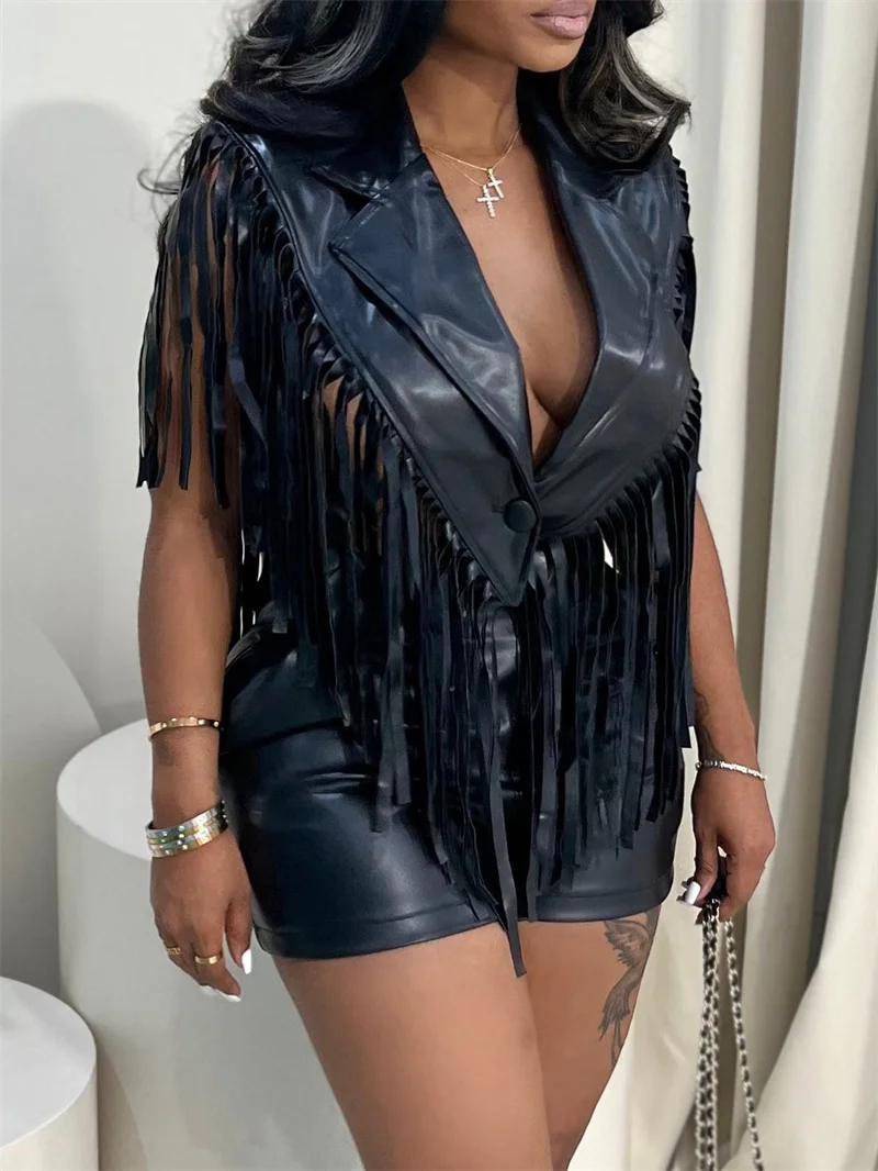 Doyerl Zweiteiliges Set aus PU-Kunstleder für Damen, 2026, Streetwear, Quaste, einreihige Weste, Top und Shorts, neu in passenden Sets – Detail 13